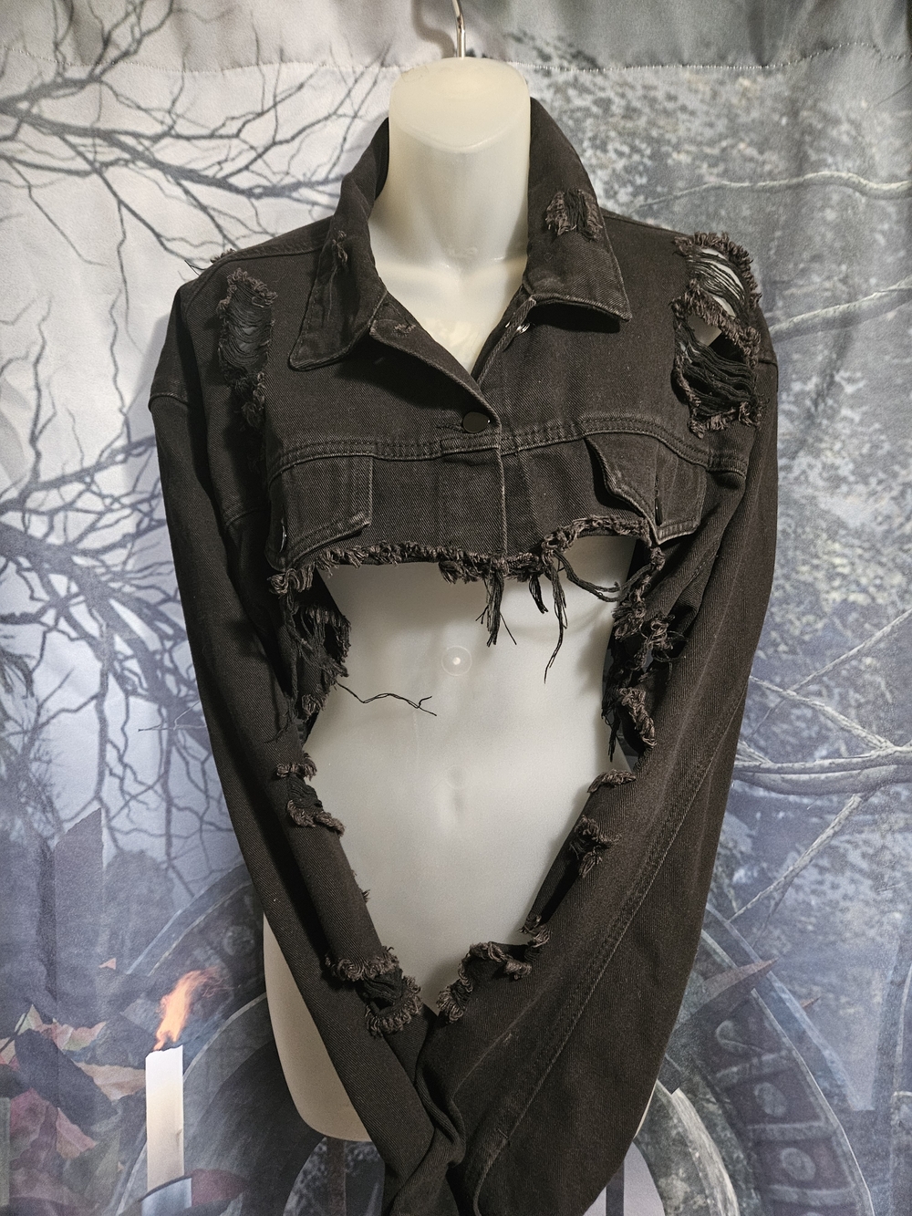 Distressed Cropped Black Denim Jacket